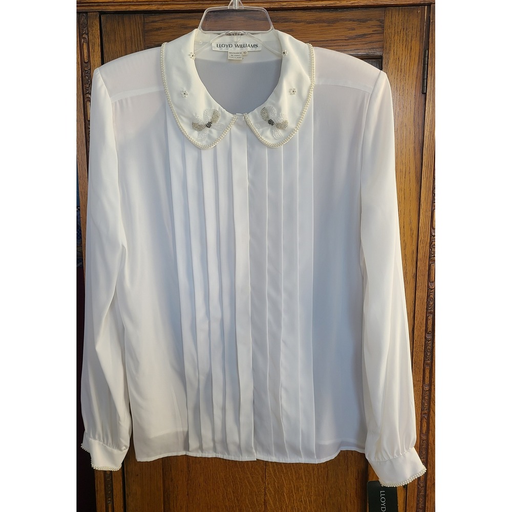 Lloyd Williams Vintage White Pleated Blouse Pearl Beaded Collar Grandma NWT